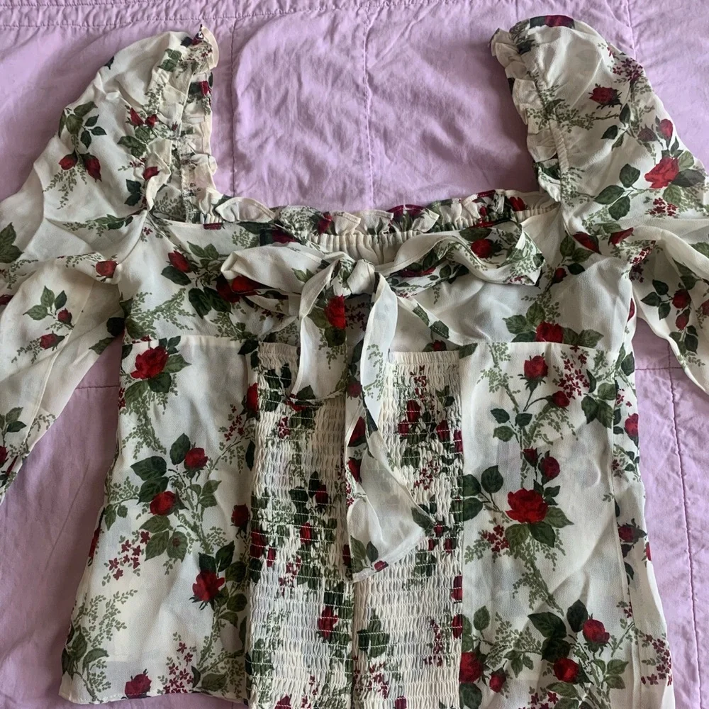 Reformation Cream Floral Puff-Sleeve Blouse with Red & Green Roses